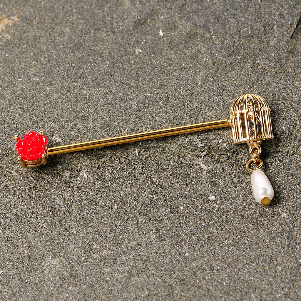 BodyCandy 14G Gold Tone Red Flower Birdcage Industrial Barbell 38mm — detail close-up