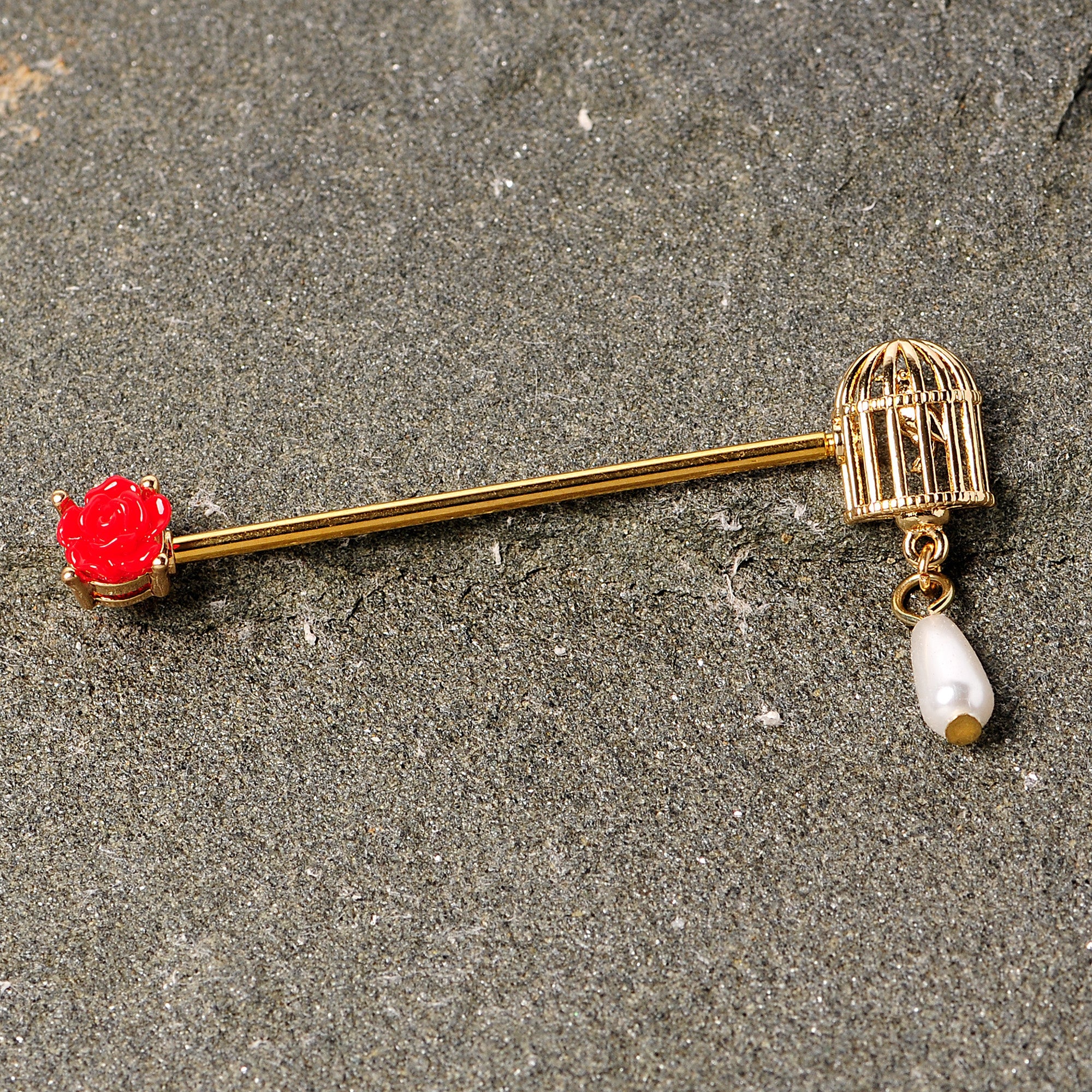 BodyCandy 14G Gold Tone Red Flower Birdcage Industrial Barbell 38mm — detail close-up
