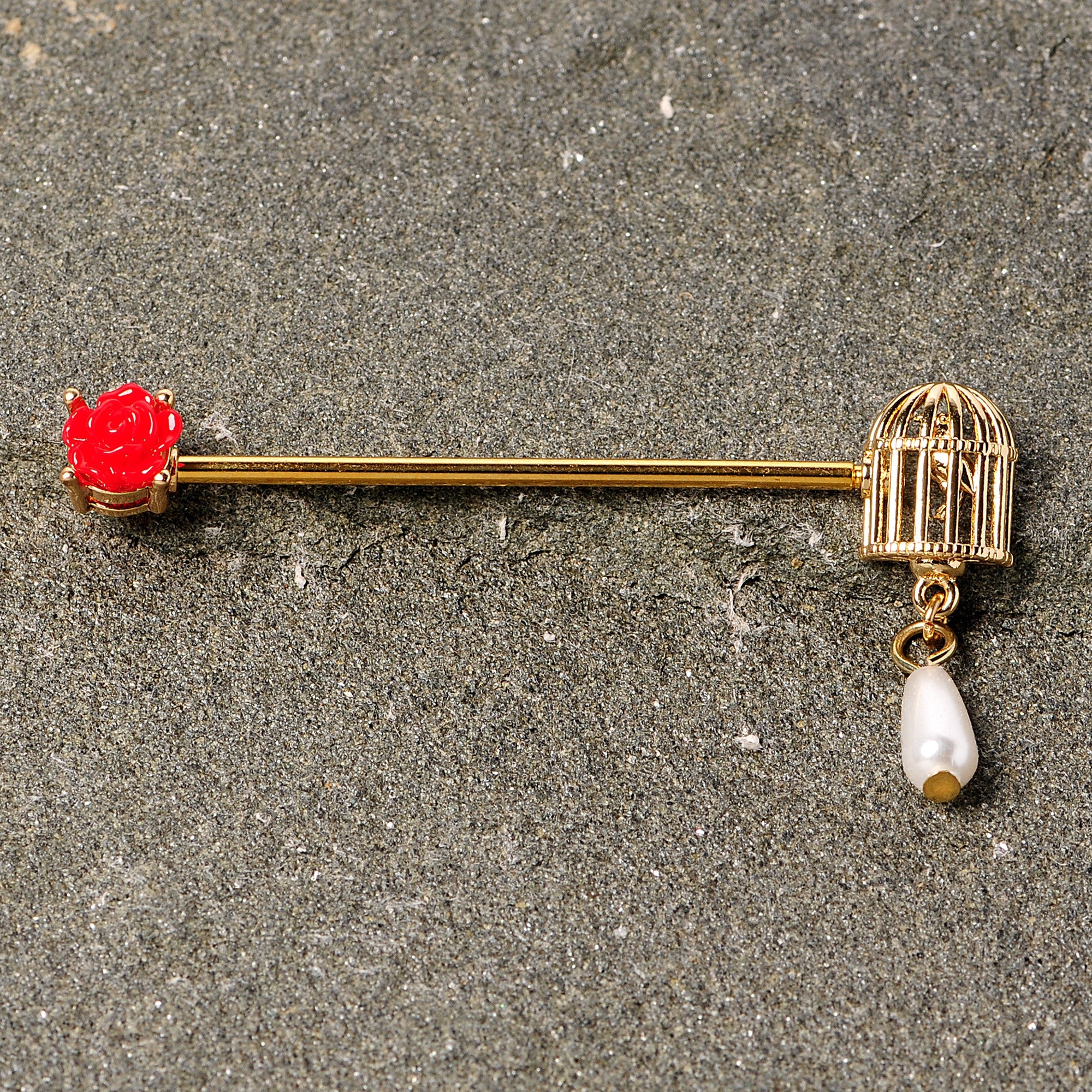 BodyCandy 14G Gold Tone Red Flower Birdcage Industrial Barbell 38mm — lifestyle context