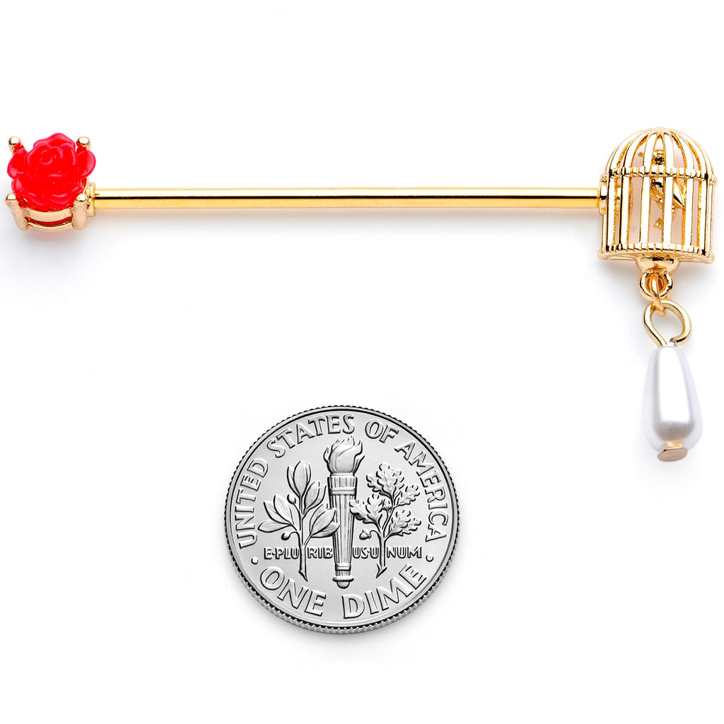 BodyCandy 14G Gold Tone Red Flower Birdcage Industrial Barbell 38mm — back view