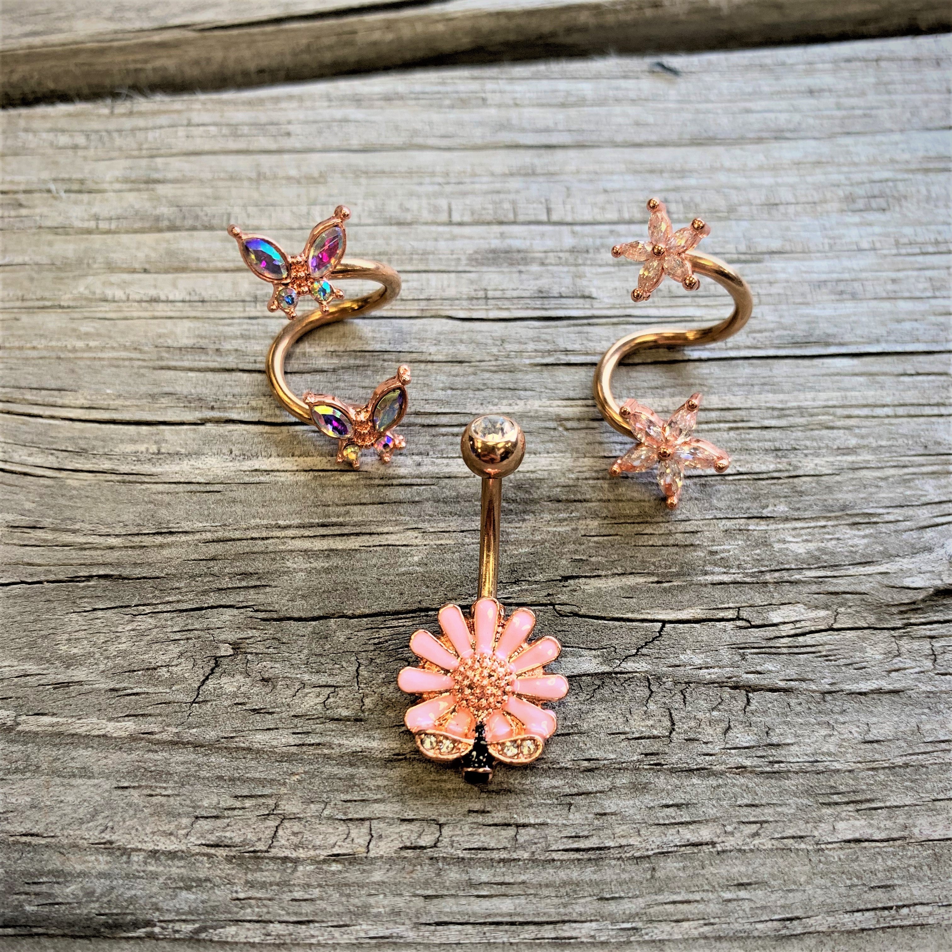 BodyCandy 14G 3/8 Aurora Gem Rose Gold Tone Butterfly Spiral Twister Ring — lifestyle context