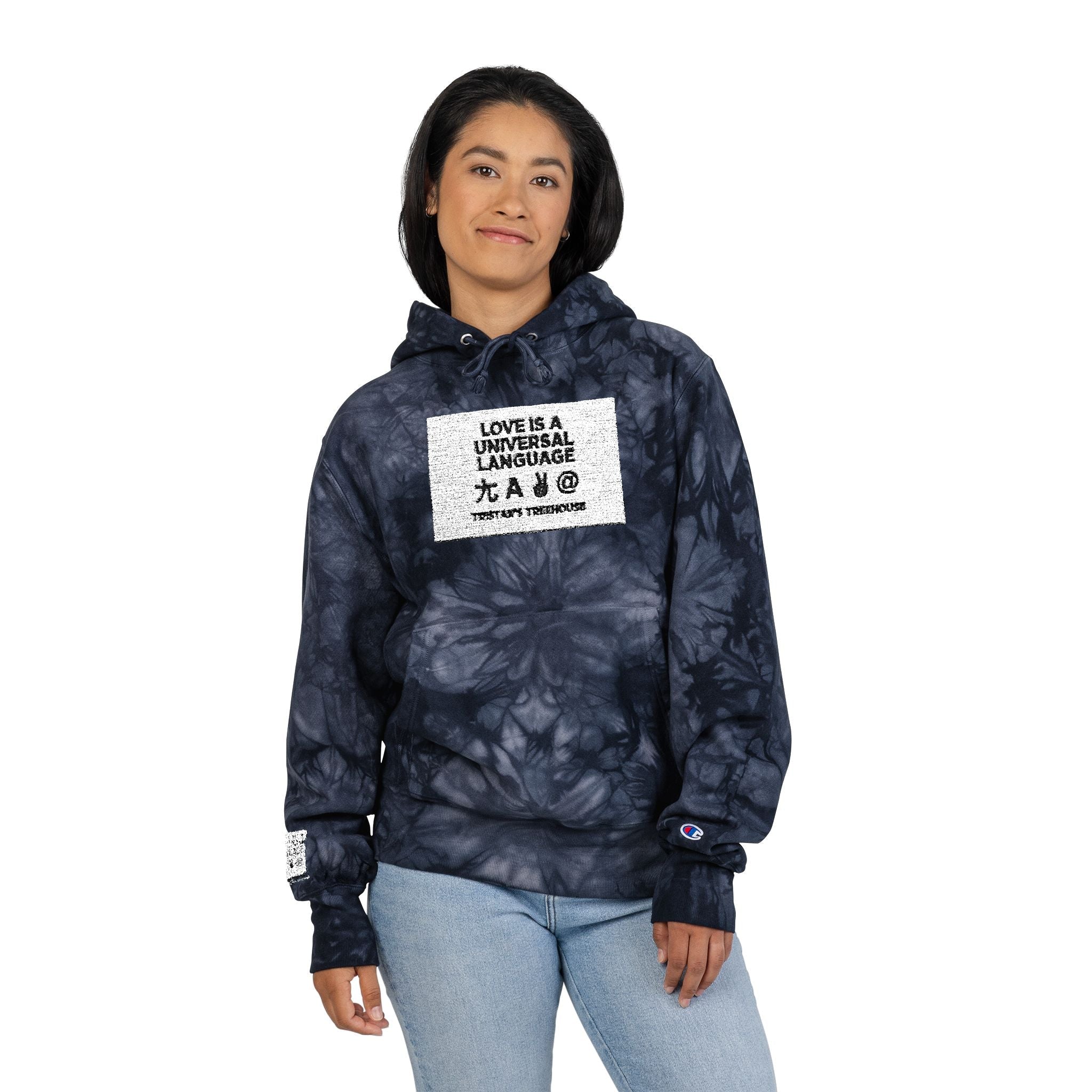 Tie-Dye Champion Hoodie — Embroidered "Love Is A Universal Language" Graphic