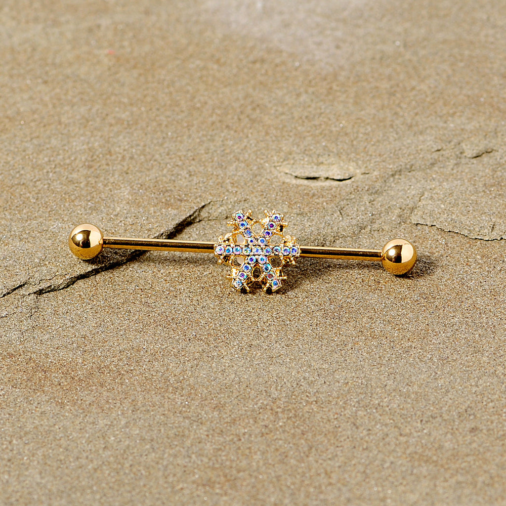 BodyCandy 14G Aurora Gem Gold Tone Snowflake Industrial Barbell 38mm — side view