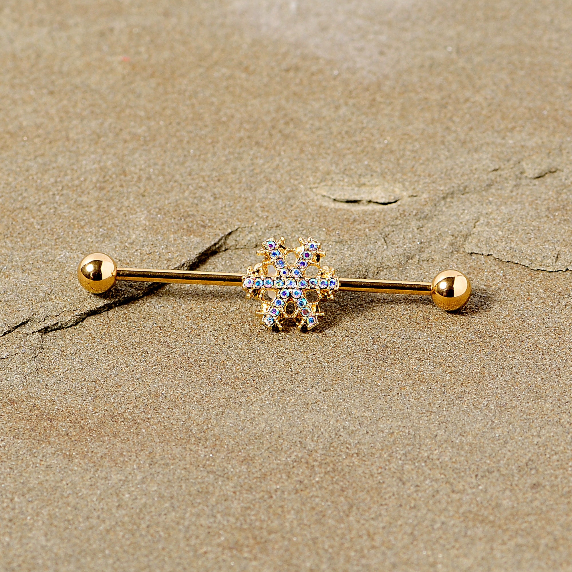 BodyCandy 14G Aurora Gem Gold Tone Snowflake Industrial Barbell 38mm — side view