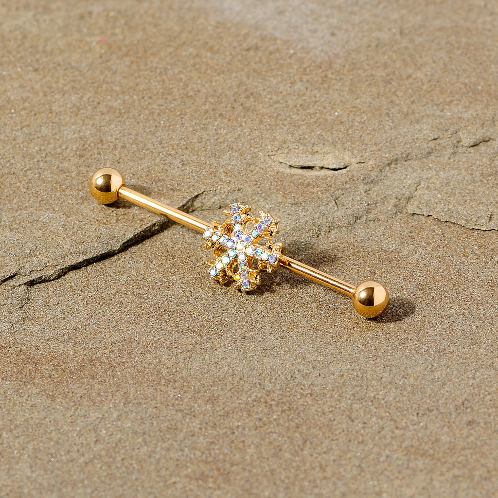BodyCandy 14G Aurora Gem Gold Tone Snowflake Industrial Barbell 38mm — back view