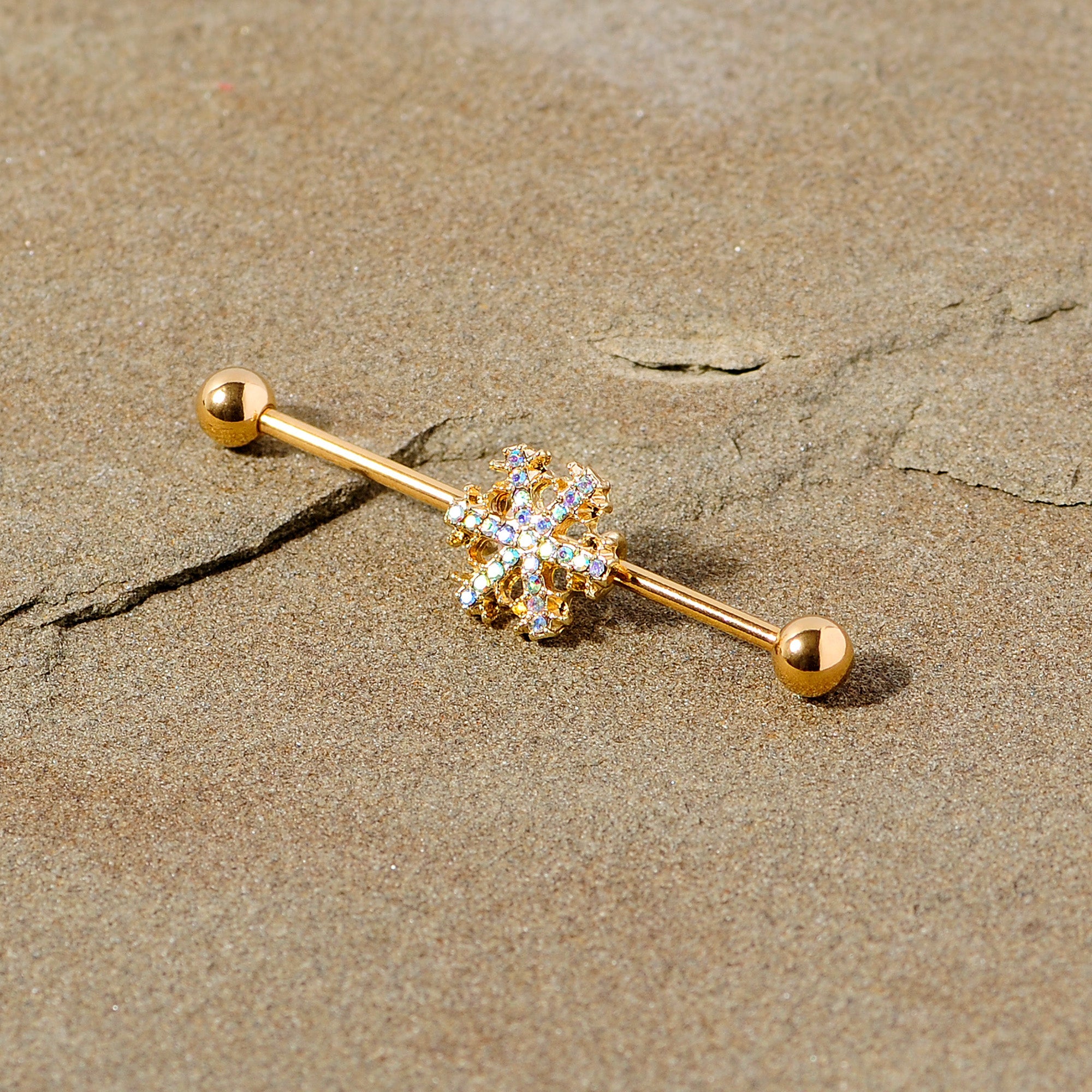 BodyCandy 14G Aurora Gem Gold Tone Snowflake Industrial Barbell 38mm — back view