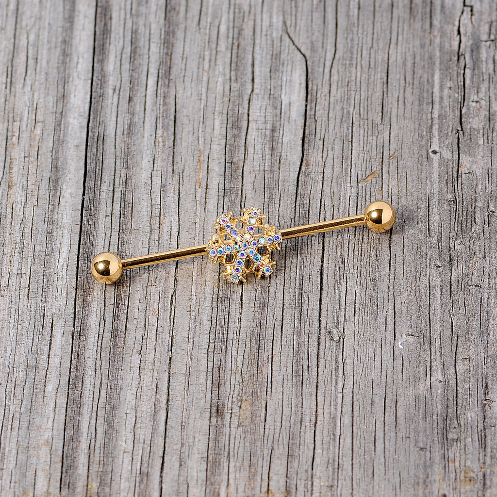 BodyCandy 14G Aurora Gem Gold Tone Snowflake Industrial Barbell 38mm — alternative angle