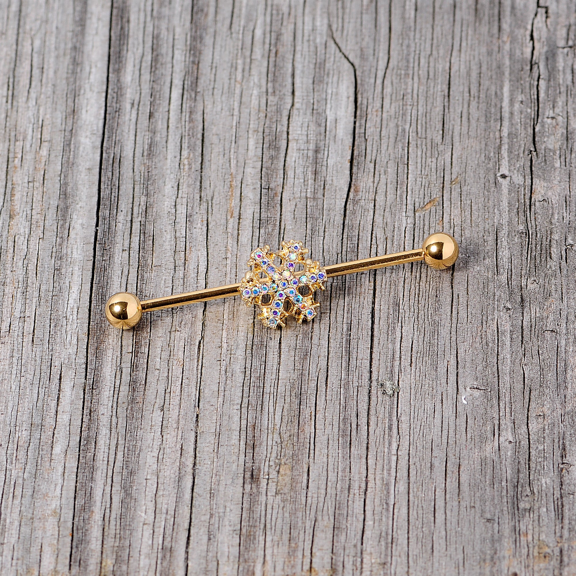 BodyCandy 14G Aurora Gem Gold Tone Snowflake Industrial Barbell 38mm — alternative angle
