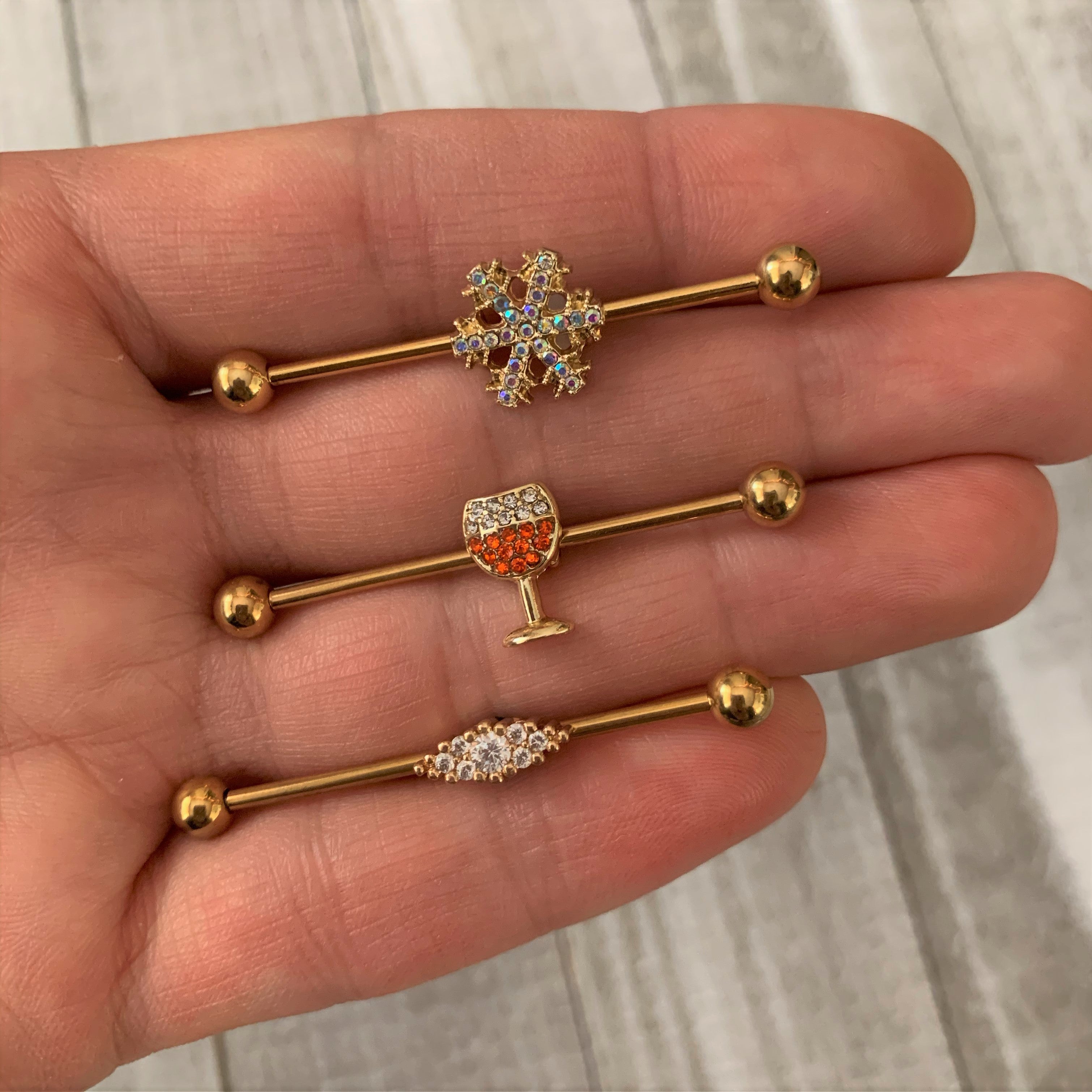 BodyCandy 14G Aurora Gem Gold Tone Snowflake Industrial Barbell 38mm — lifestyle context