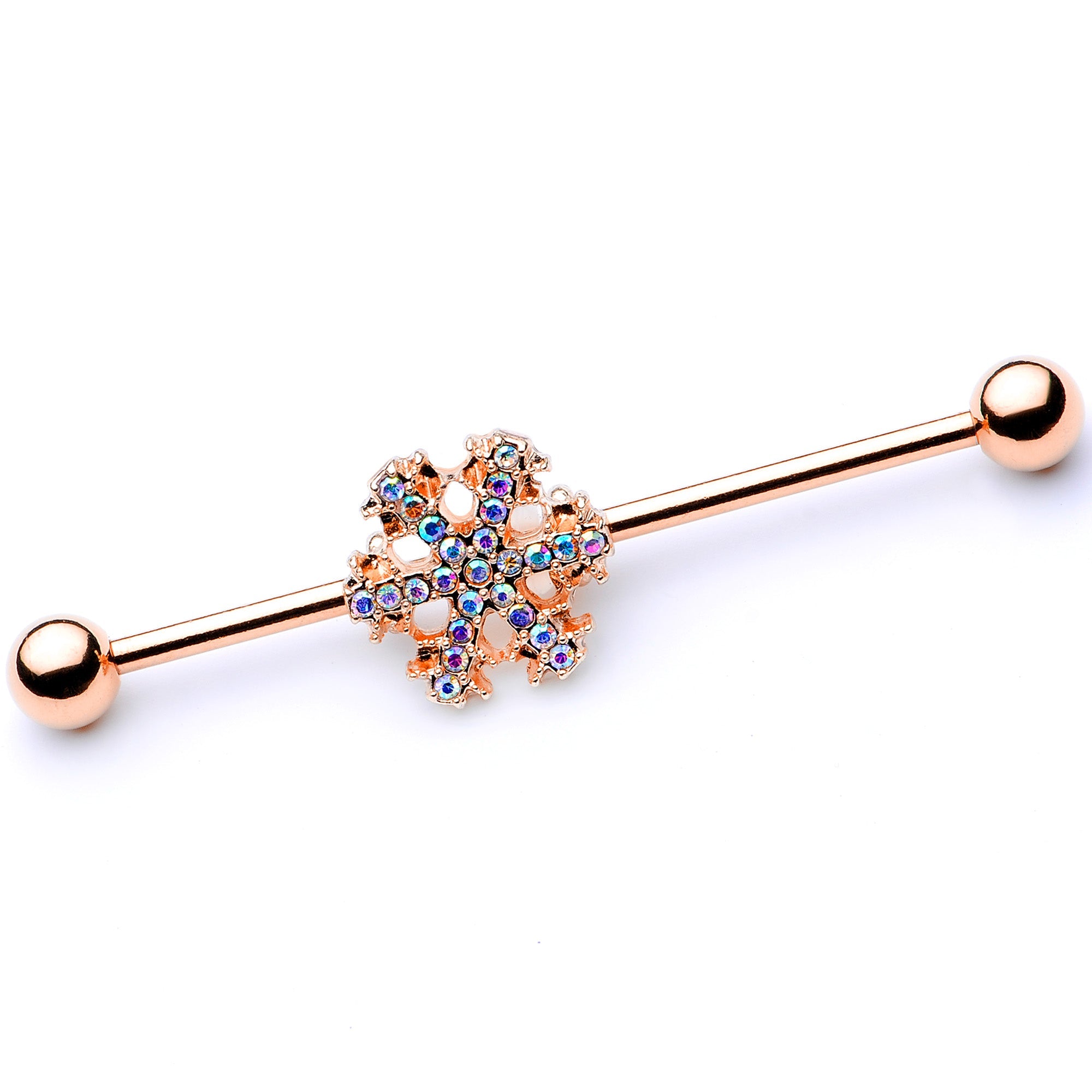 BodyCandy 14G Aurora Gem Rose Gold Tone Snowflake Industrial Barbell 38mm — main product shot
