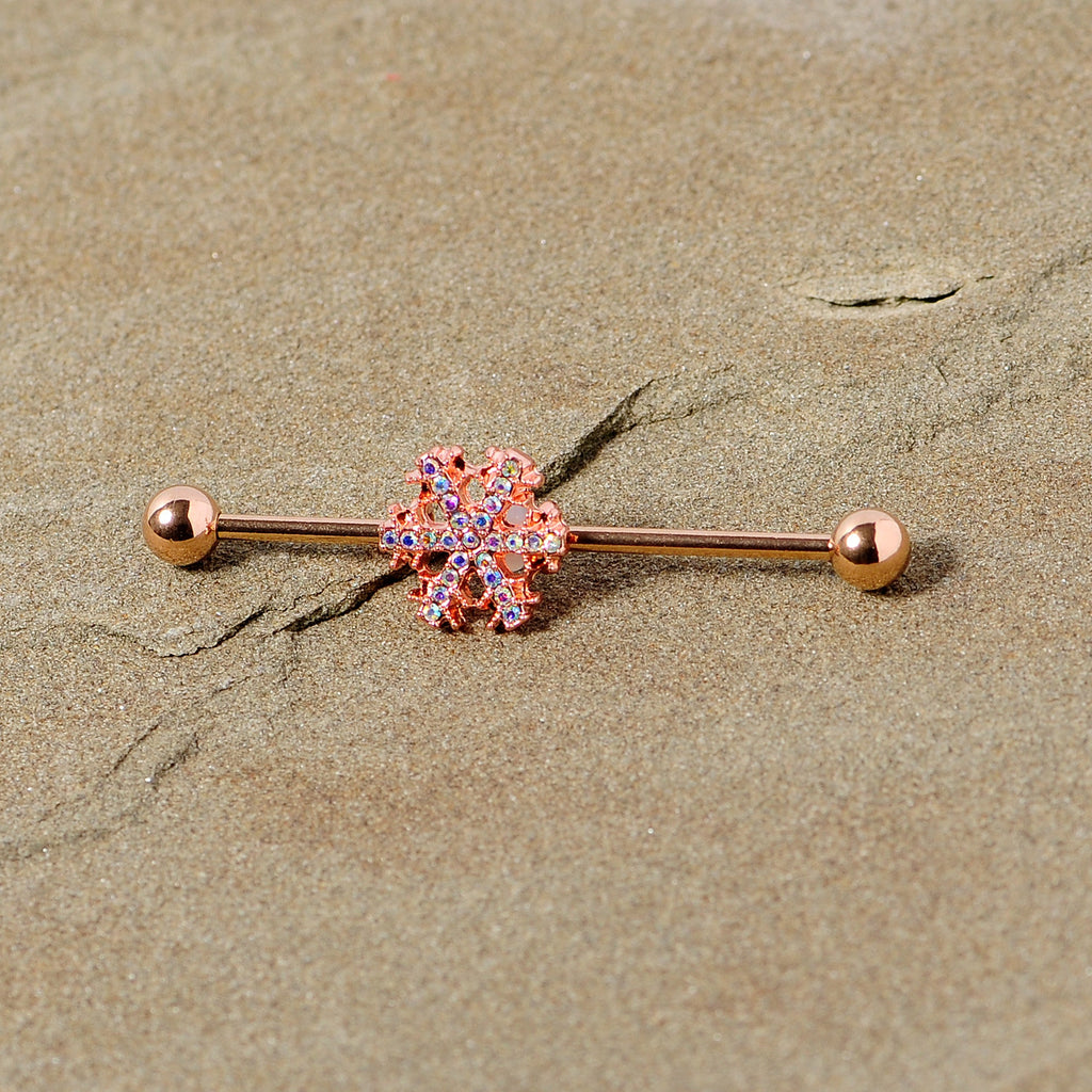 BodyCandy 14G Aurora Gem Rose Gold Tone Snowflake Industrial Barbell 38mm — lifestyle context