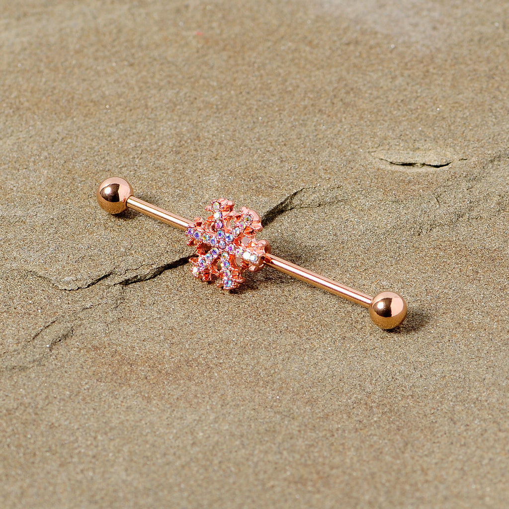 BodyCandy 14G Aurora Gem Rose Gold Tone Snowflake Industrial Barbell 38mm — side view