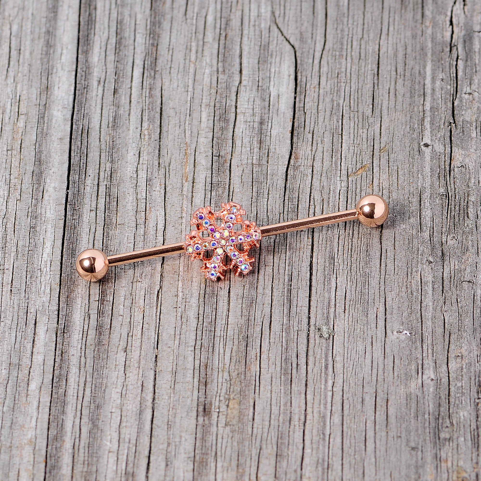 BodyCandy 14G Aurora Gem Rose Gold Tone Snowflake Industrial Barbell 38mm — back view