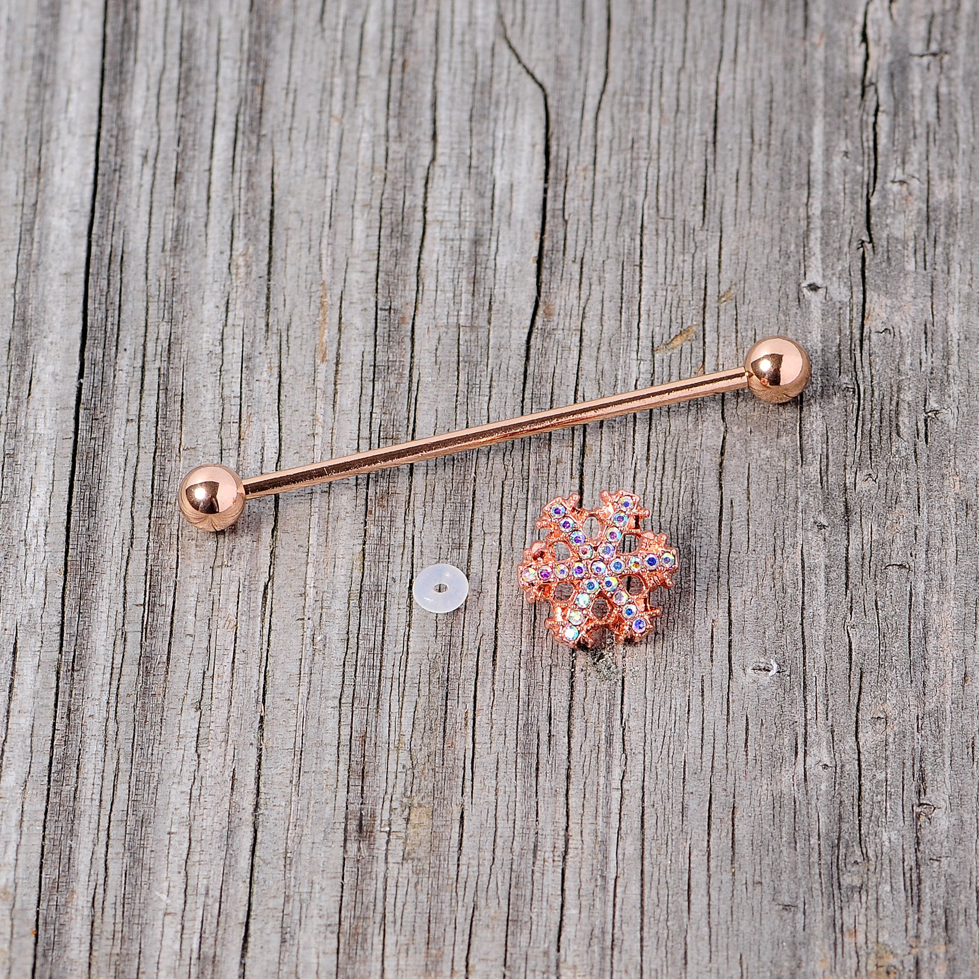 BodyCandy 14G Aurora Gem Rose Gold Tone Snowflake Industrial Barbell 38mm — alternative angle