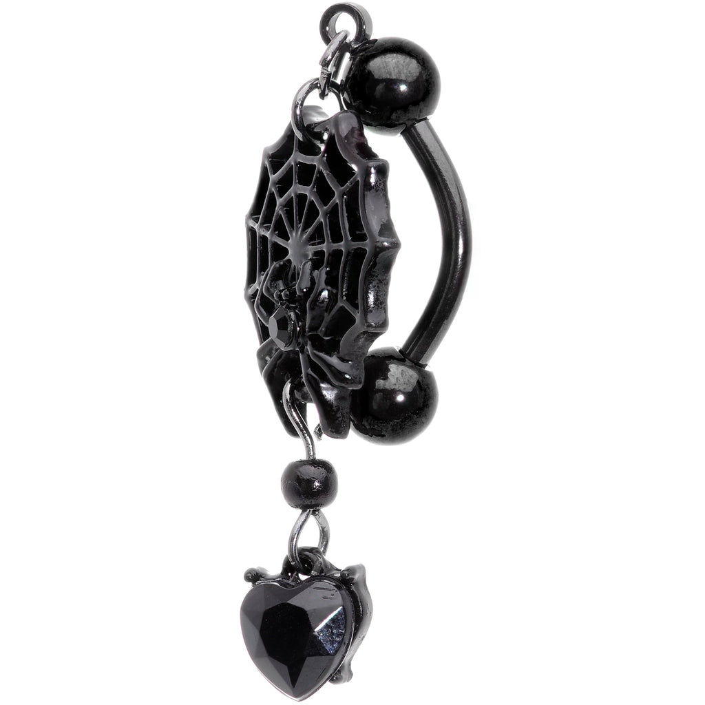 BodyCandy Black Gem Black Spiderweb Halloween Reversible Dangle Belly Ring — detail close-up