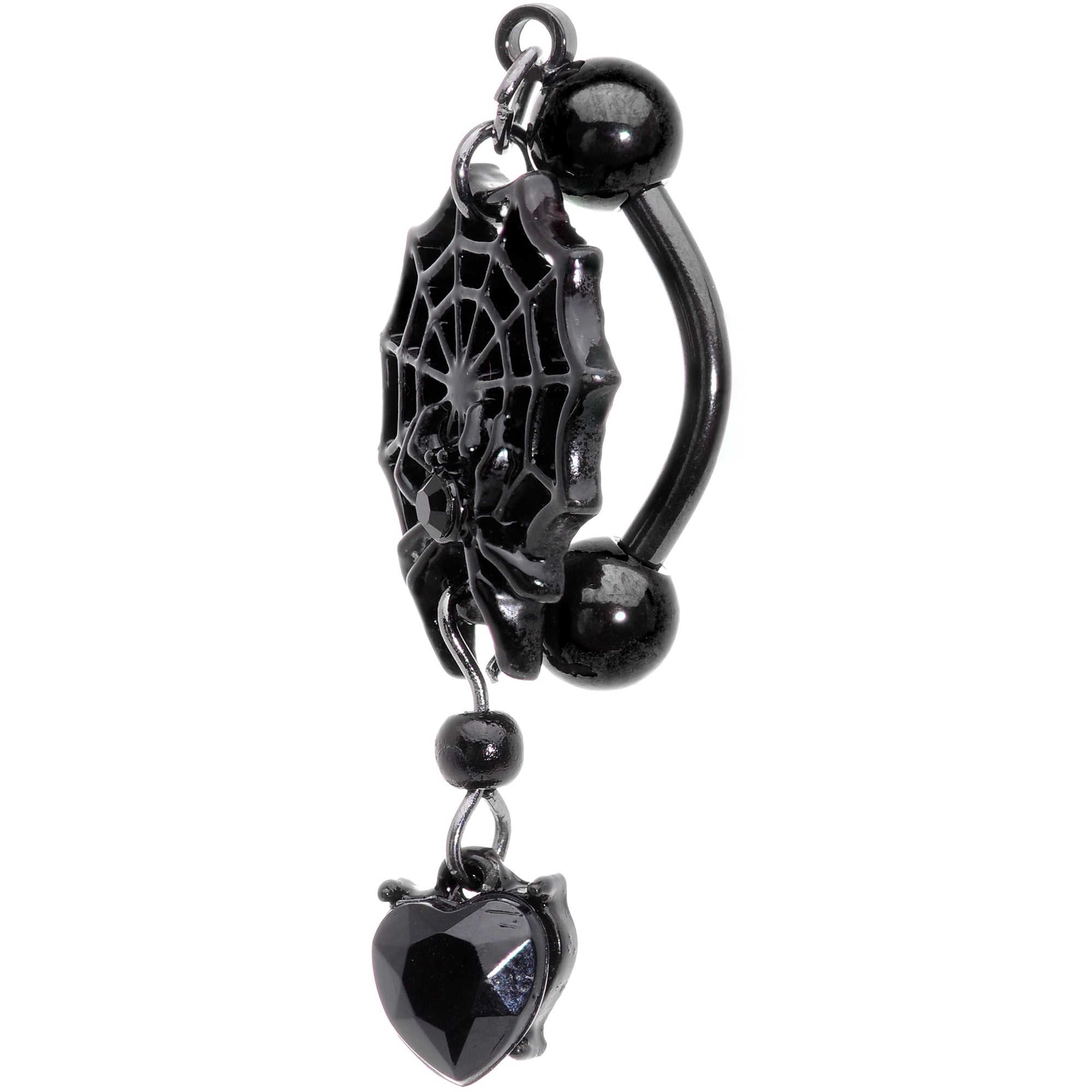 BodyCandy Black Gem Black Spiderweb Halloween Reversible Dangle Belly Ring — detail close-up