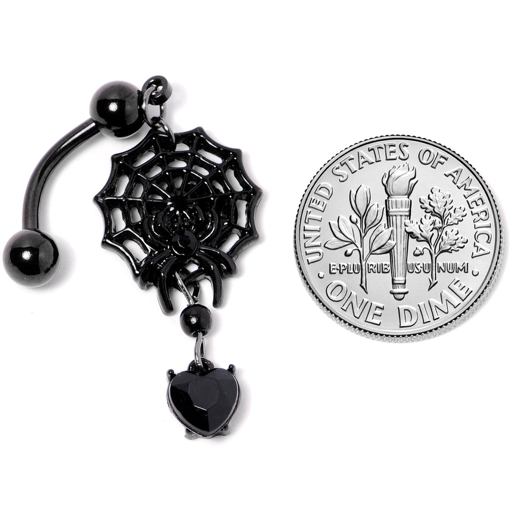 BodyCandy Black Gem Black Spiderweb Halloween Reversible Dangle Belly Ring — side view