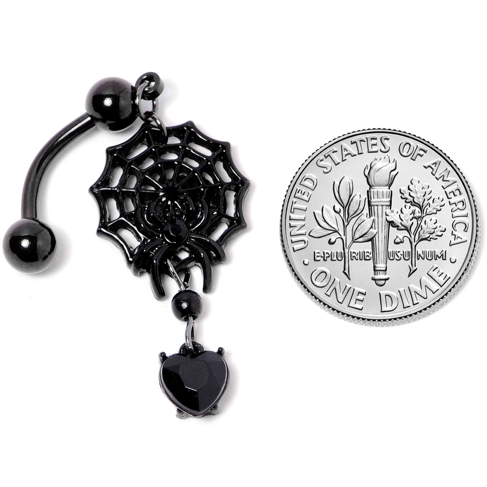 BodyCandy Black Gem Black Spiderweb Halloween Reversible Dangle Belly Ring — side view