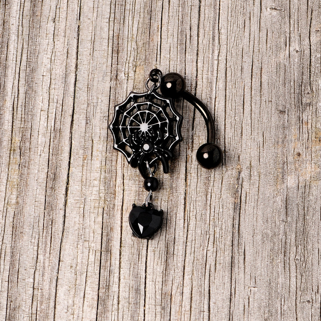 BodyCandy Black Gem Black Spiderweb Halloween Reversible Dangle Belly Ring — back view
