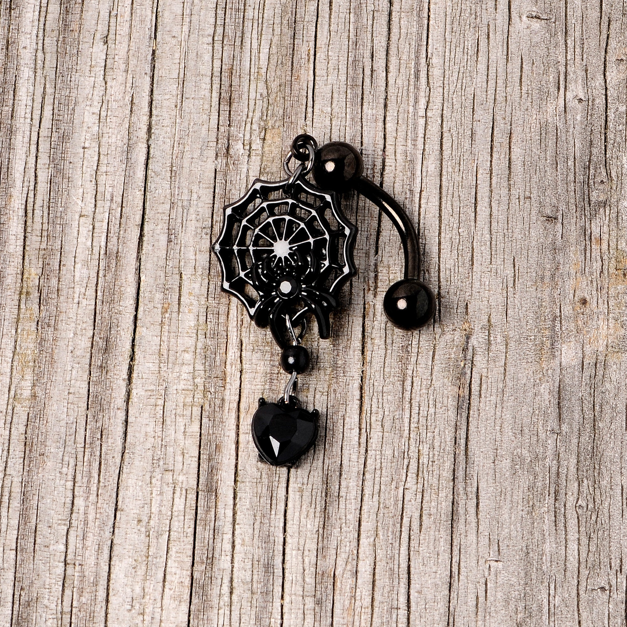BodyCandy Black Gem Black Spiderweb Halloween Reversible Dangle Belly Ring — back view