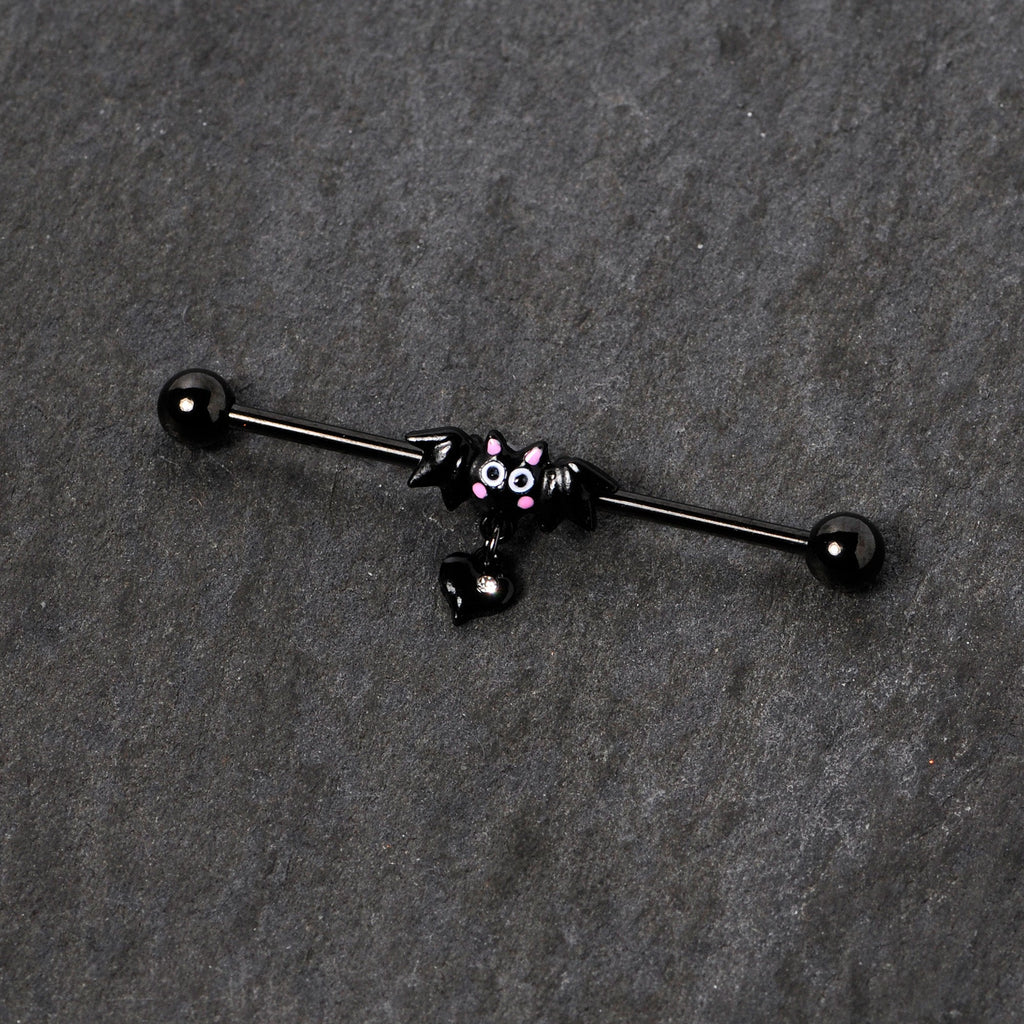 BodyCandy 14G Clear Gem Heart Bat Halloween Dangle Industrial Barbell 38mm — detail close-up