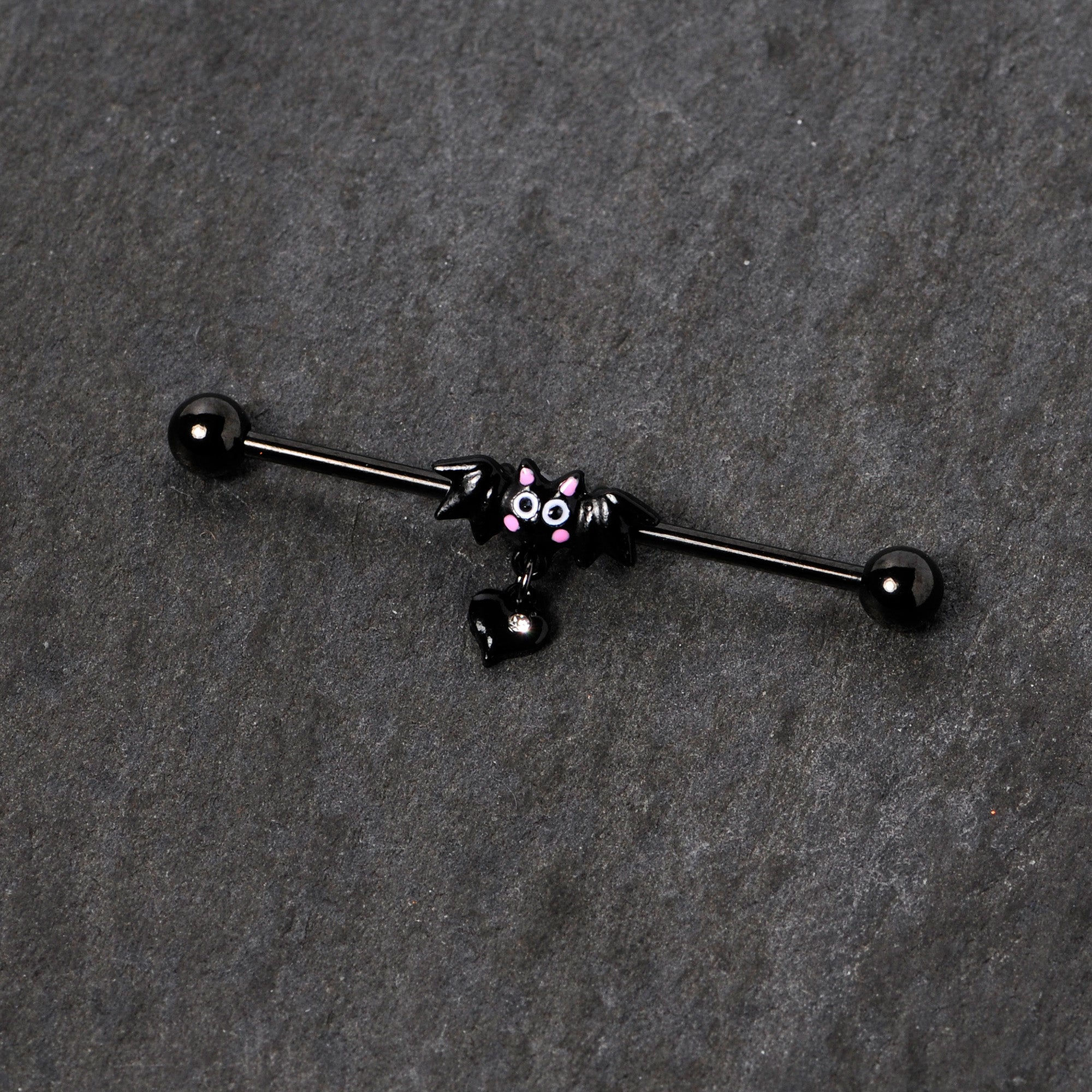 BodyCandy 14G Clear Gem Heart Bat Halloween Dangle Industrial Barbell 38mm — detail close-up