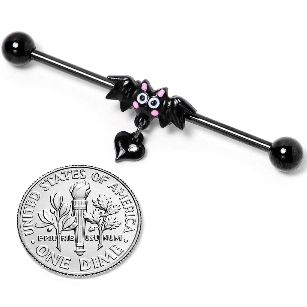 BodyCandy 14G Clear Gem Heart Bat Halloween Dangle Industrial Barbell 38mm — side view