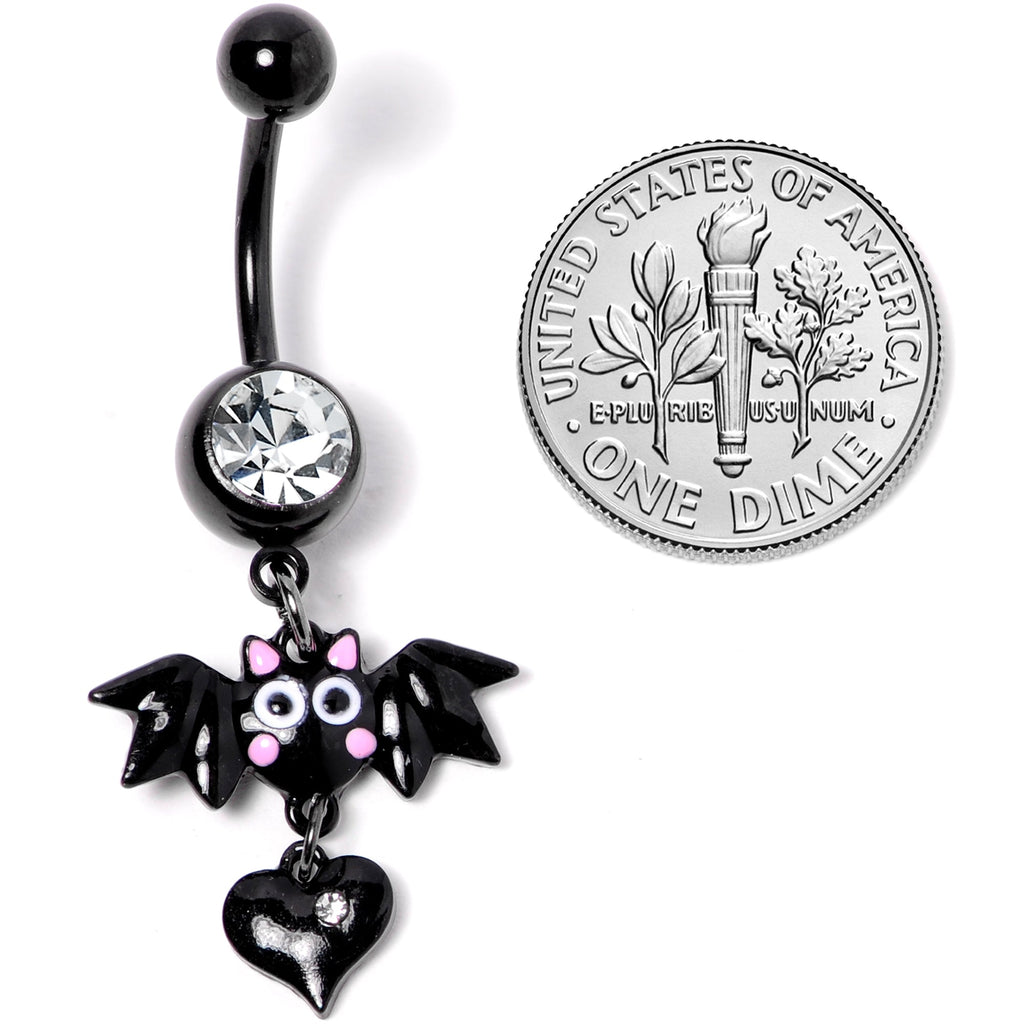BodyCandy Clear Gem Black Heart Vampire Bat Halloween Dangle Belly Ring — detail close-up