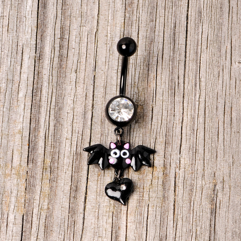 BodyCandy Clear Gem Black Heart Vampire Bat Halloween Dangle Belly Ring — side view