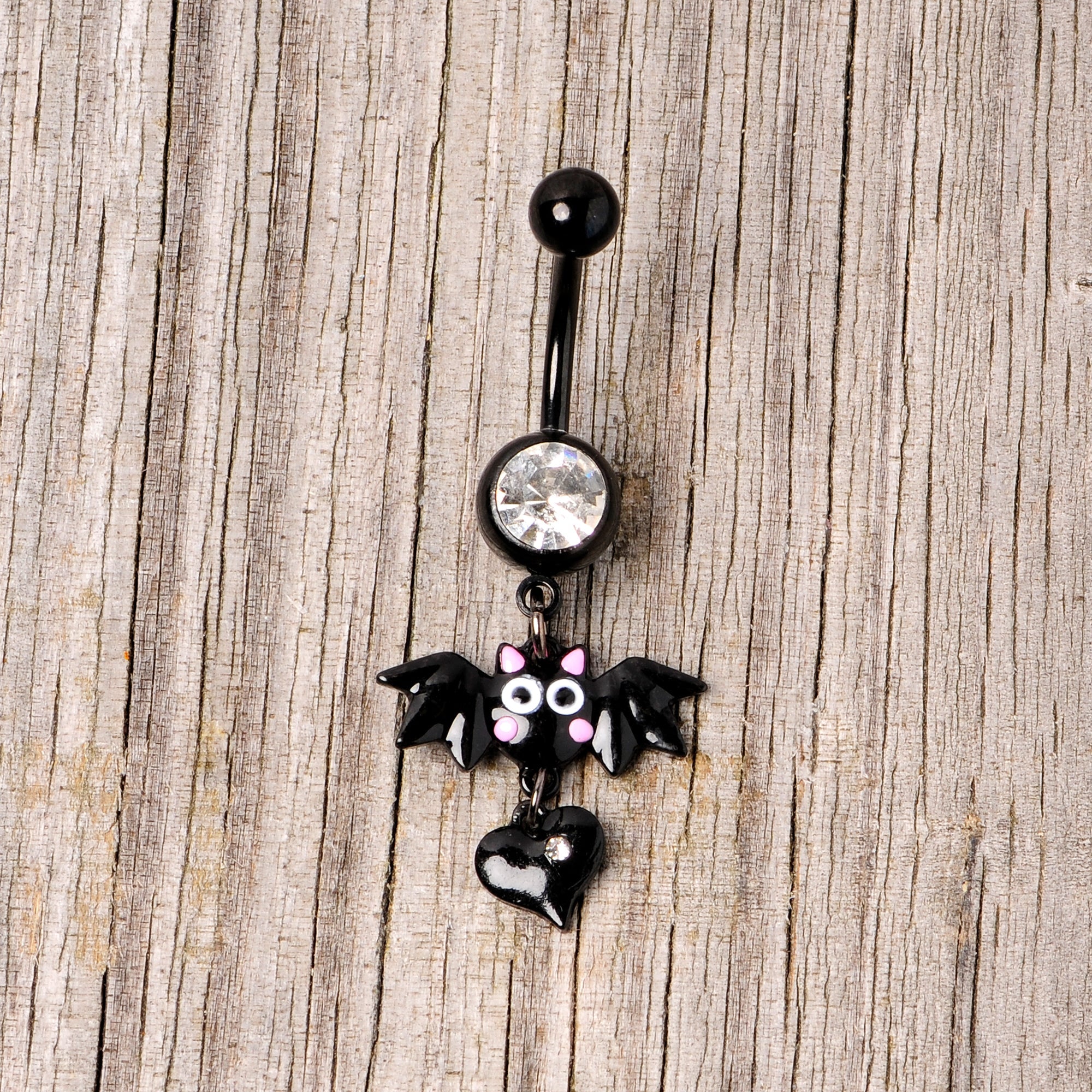 BodyCandy Clear Gem Black Heart Vampire Bat Halloween Dangle Belly Ring — side view