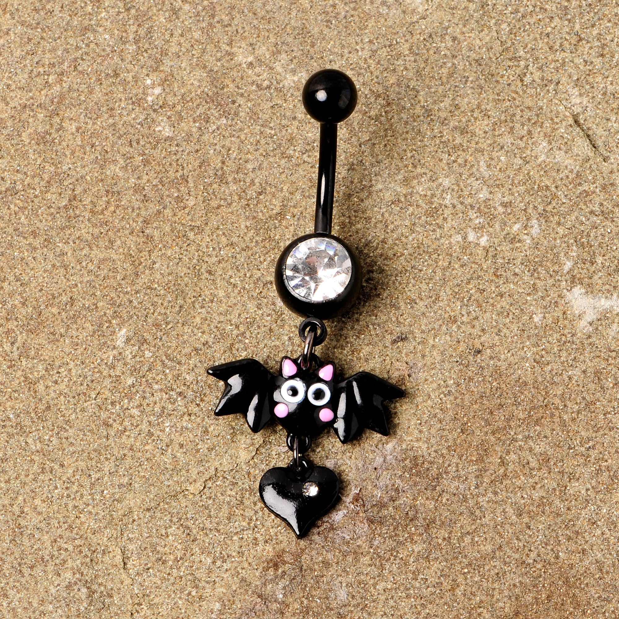 BodyCandy Clear Gem Black Heart Vampire Bat Halloween Dangle Belly Ring — back view