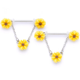 14G 5/8 Yellow Sunflowers Dangle Nipple Ring Set