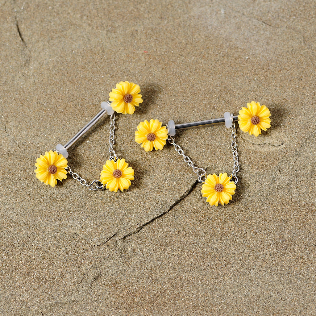 BodyCandy 14G 5/8 Yellow Sunflowers Dangle Nipple Ring Set — detail close-up