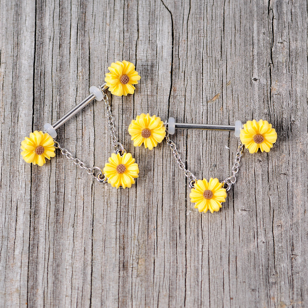 BodyCandy 14G 5/8 Yellow Sunflowers Dangle Nipple Ring Set — lifestyle context