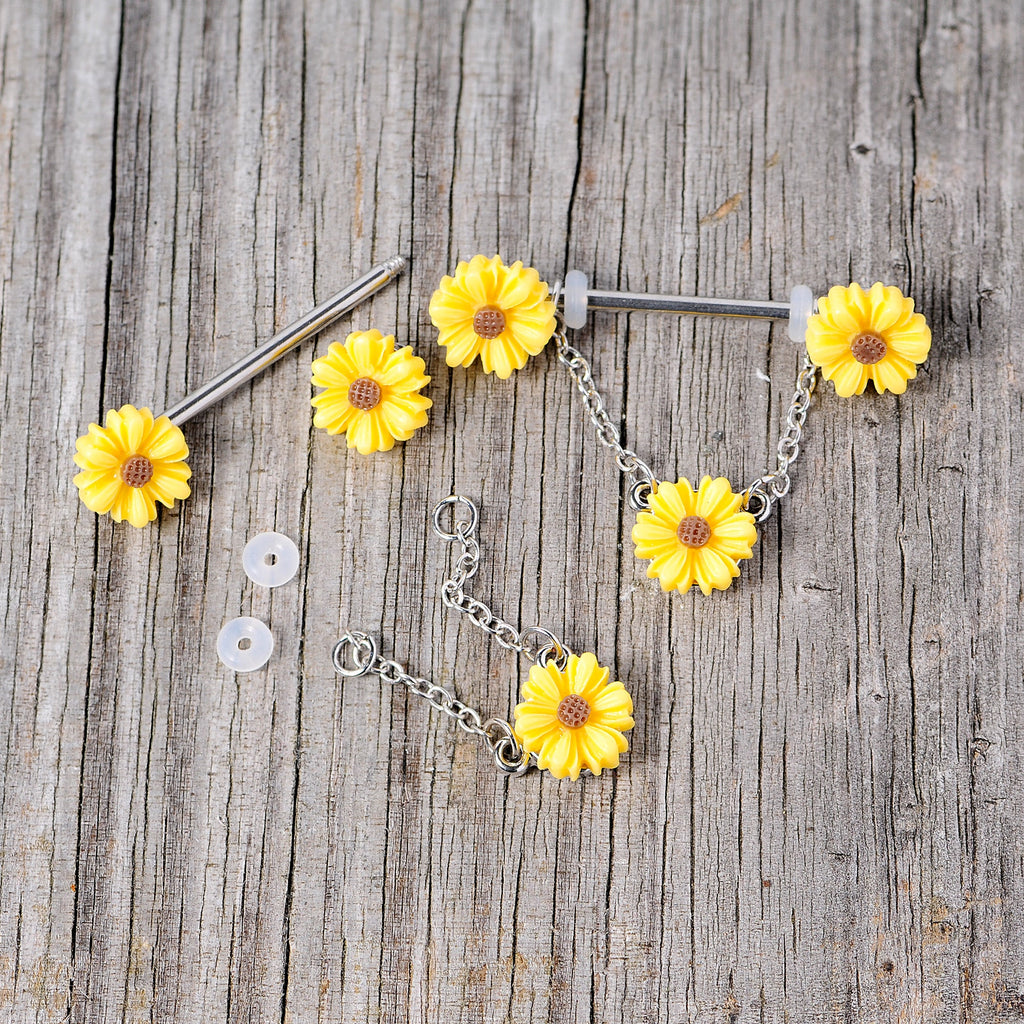 BodyCandy 14G 5/8 Yellow Sunflowers Dangle Nipple Ring Set — side view