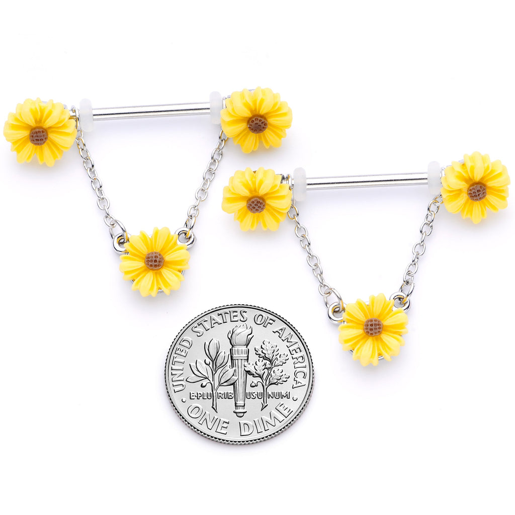 BodyCandy 14G 5/8 Yellow Sunflowers Dangle Nipple Ring Set — back view