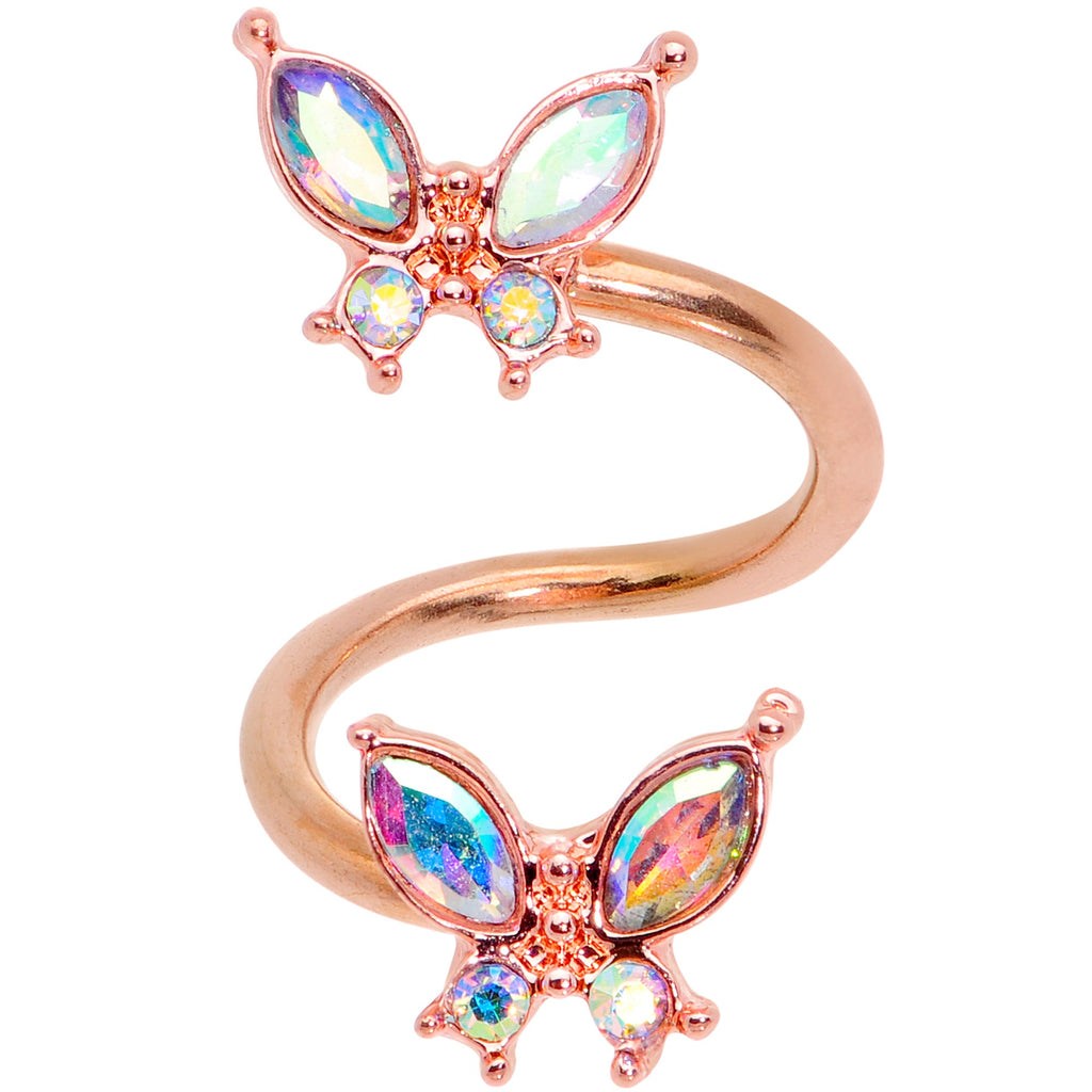 BodyCandy 14G 3/8 Aurora Gem Rose Gold Tone Butterfly Spiral Twister Ring — main product shot