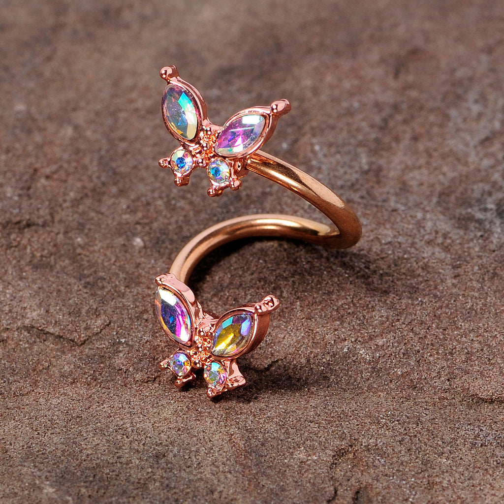 BodyCandy 14G 3/8 Aurora Gem Rose Gold Tone Butterfly Spiral Twister Ring — side view
