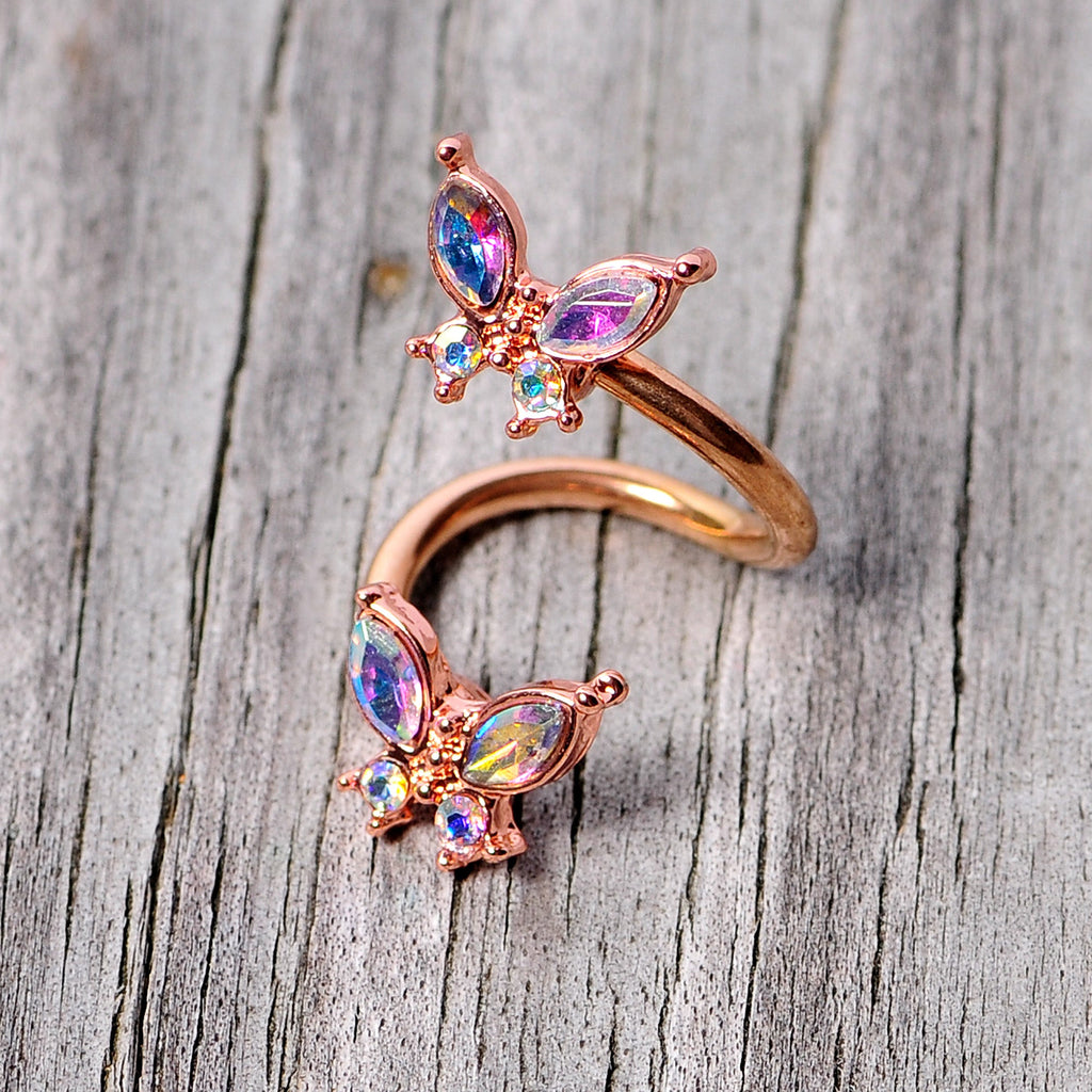 BodyCandy 14G 3/8 Aurora Gem Rose Gold Tone Butterfly Spiral Twister Ring — back view