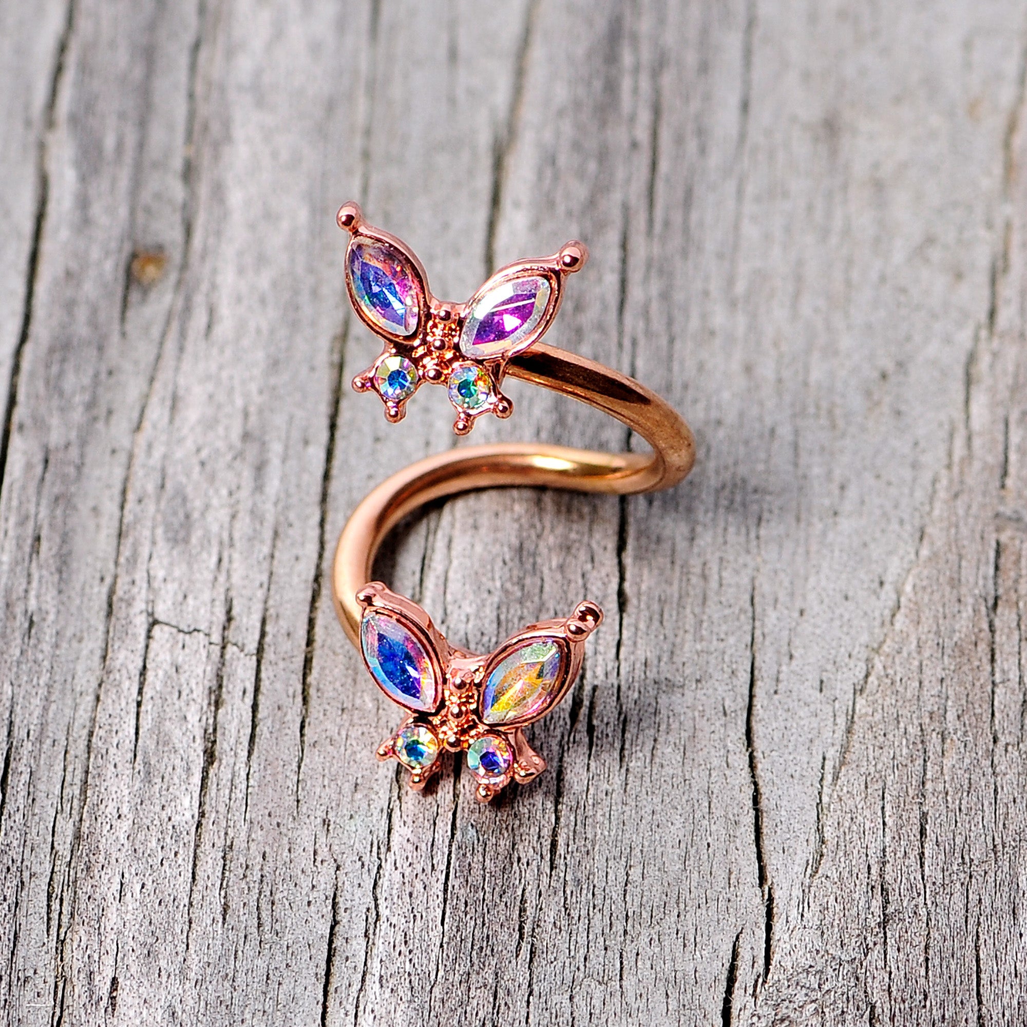 BodyCandy 14G 3/8 Aurora Gem Rose Gold Tone Butterfly Spiral Twister Ring — alternative angle
