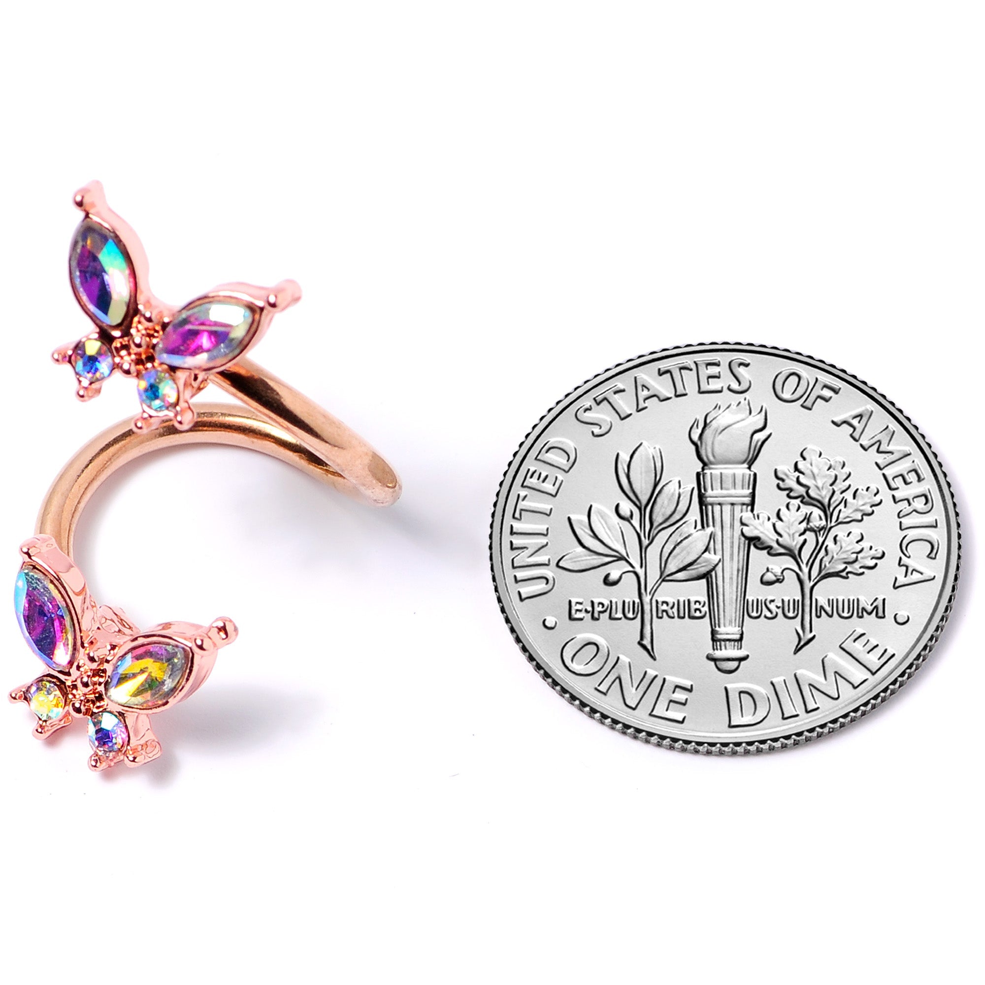 BodyCandy 14G 3/8 Aurora Gem Rose Gold Tone Butterfly Spiral Twister Ring — in-use photo
