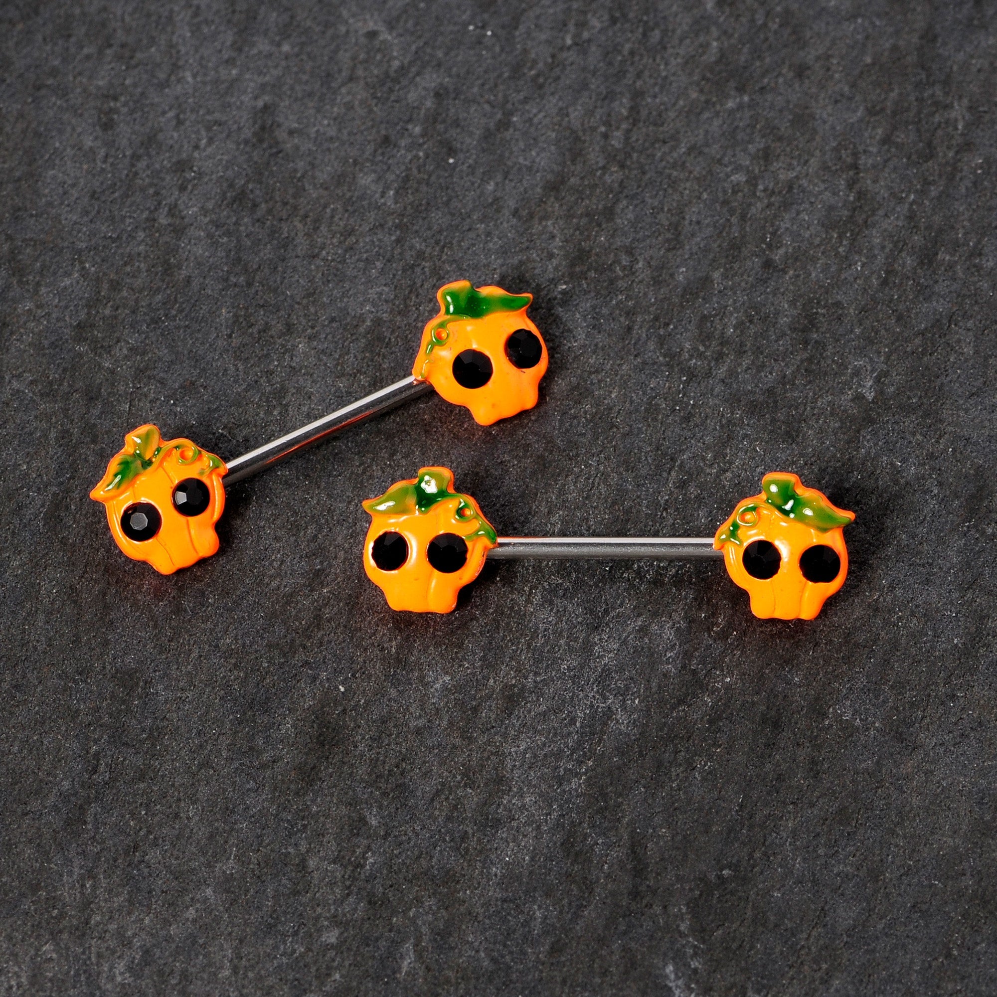 BodyCandy 14G 5/8 Orange Jack O Lantern Pumpkin Halloween Nipple Ring Set — lifestyle context