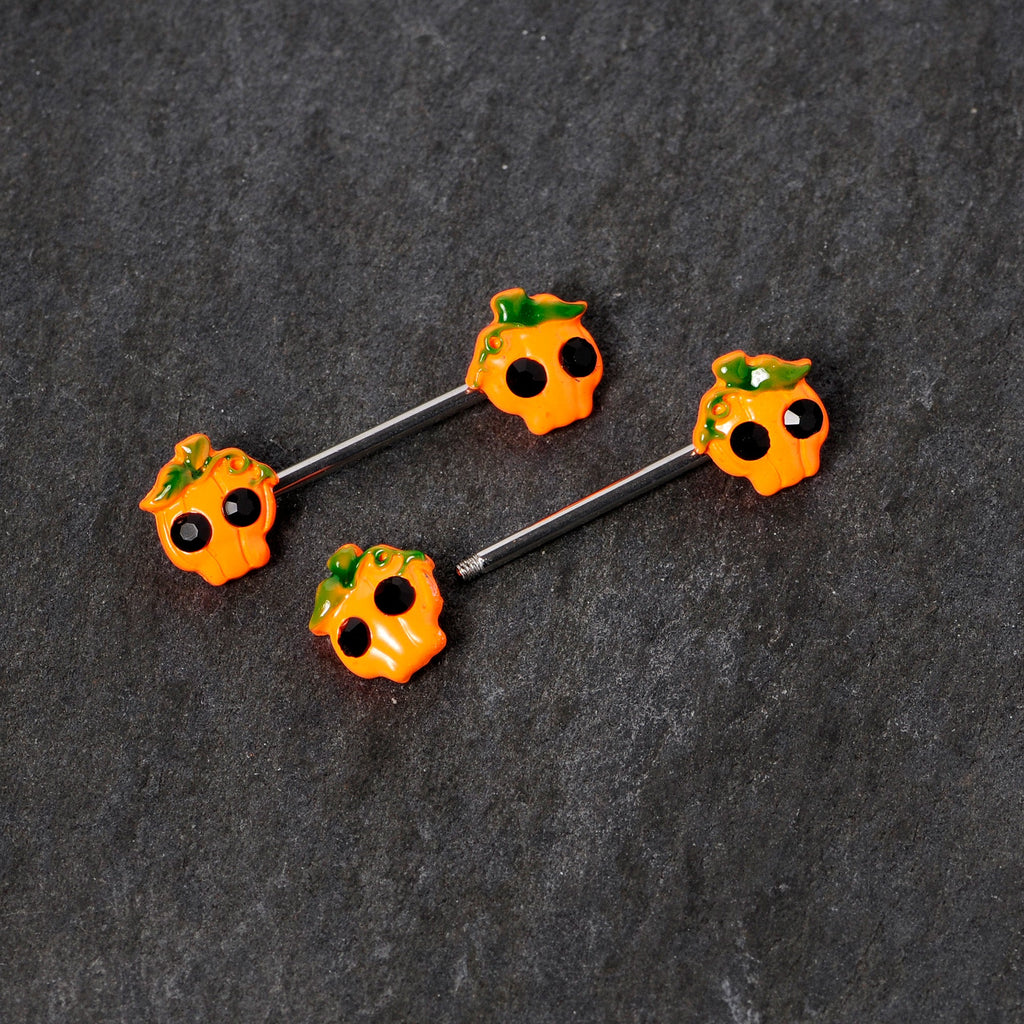 BodyCandy 14G 5/8 Orange Jack O Lantern Pumpkin Halloween Nipple Ring Set — side view