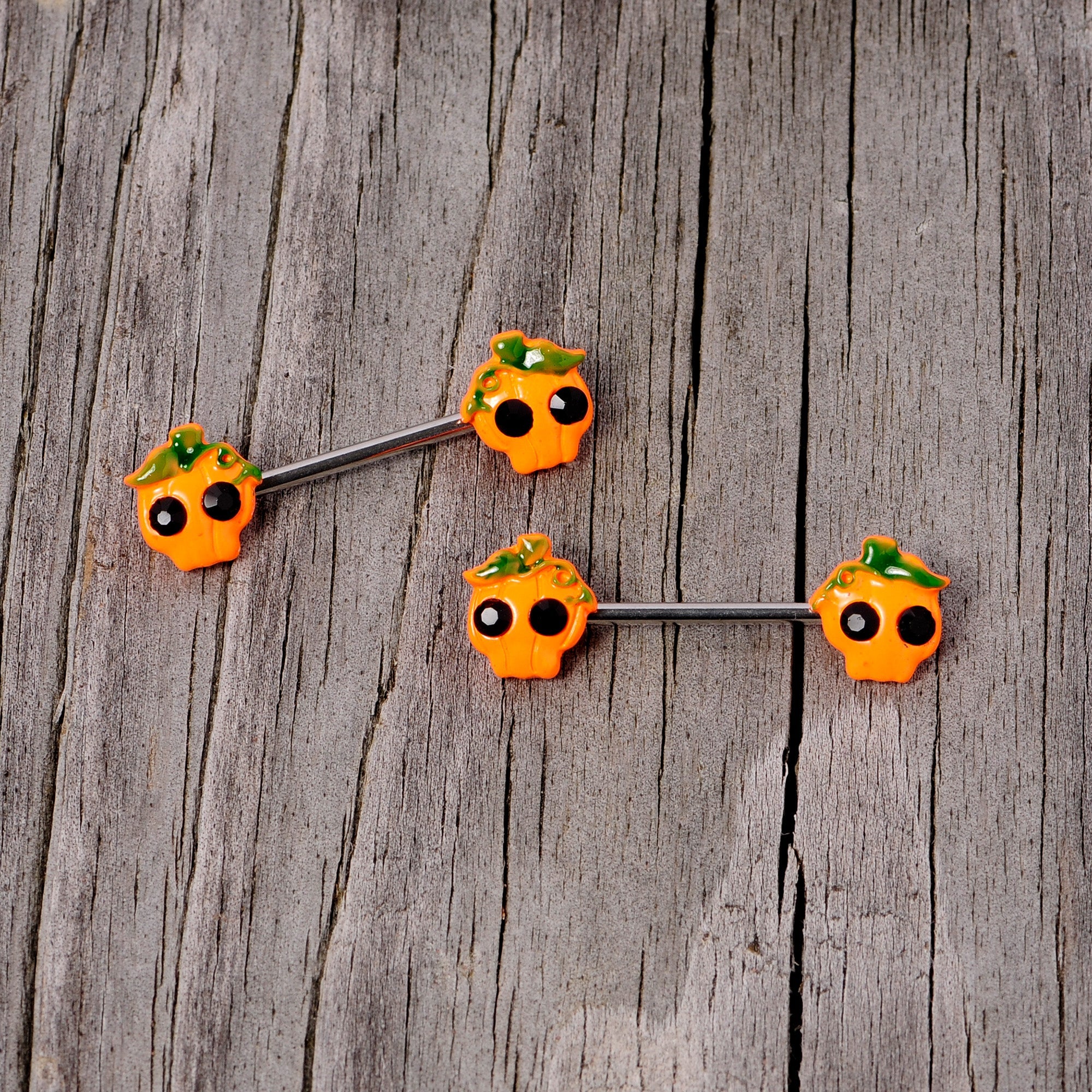 BodyCandy 14G 5/8 Orange Jack O Lantern Pumpkin Halloween Nipple Ring Set — back view