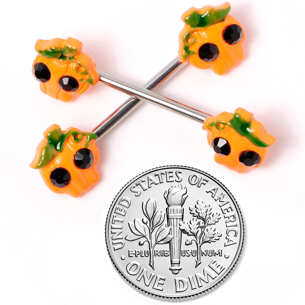 BodyCandy 14G 5/8 Orange Jack O Lantern Pumpkin Halloween Nipple Ring Set — alternative angle