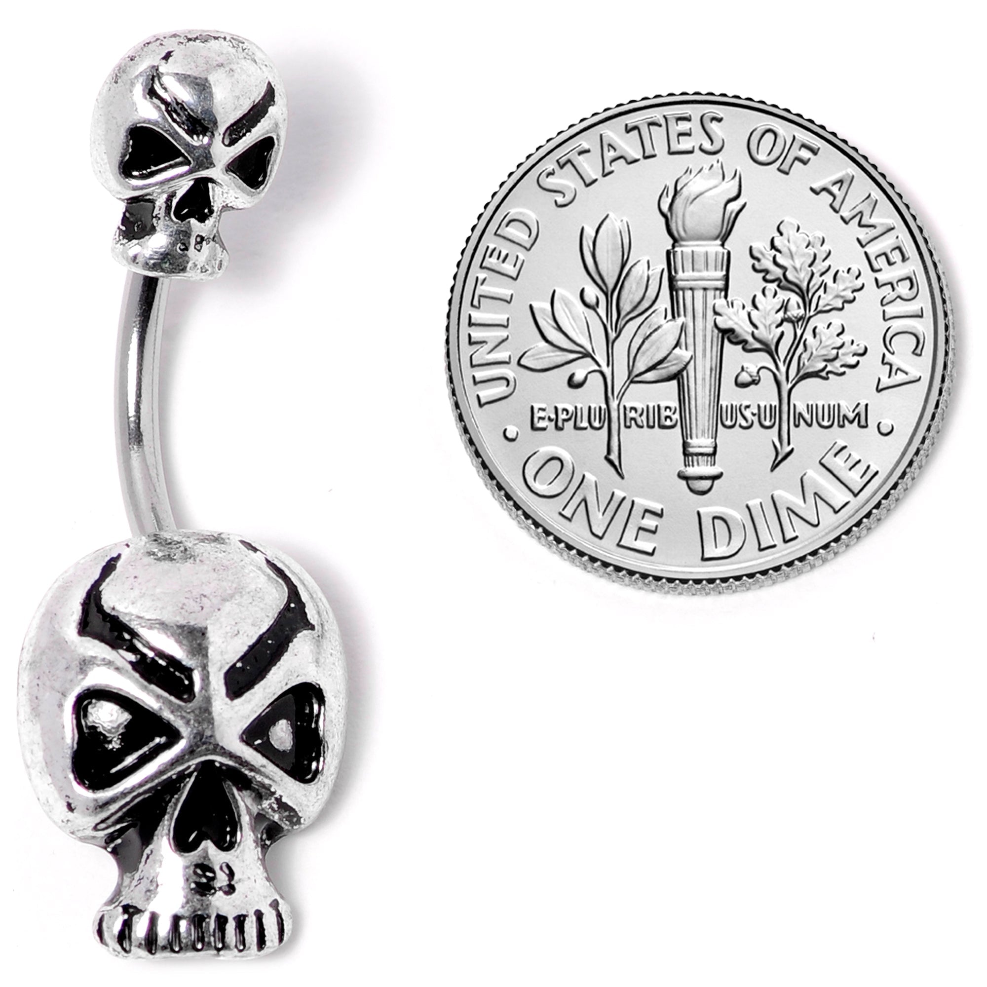 BodyCandy Scary Double Skull Halloween Double Mount Belly Ring — detail close-up