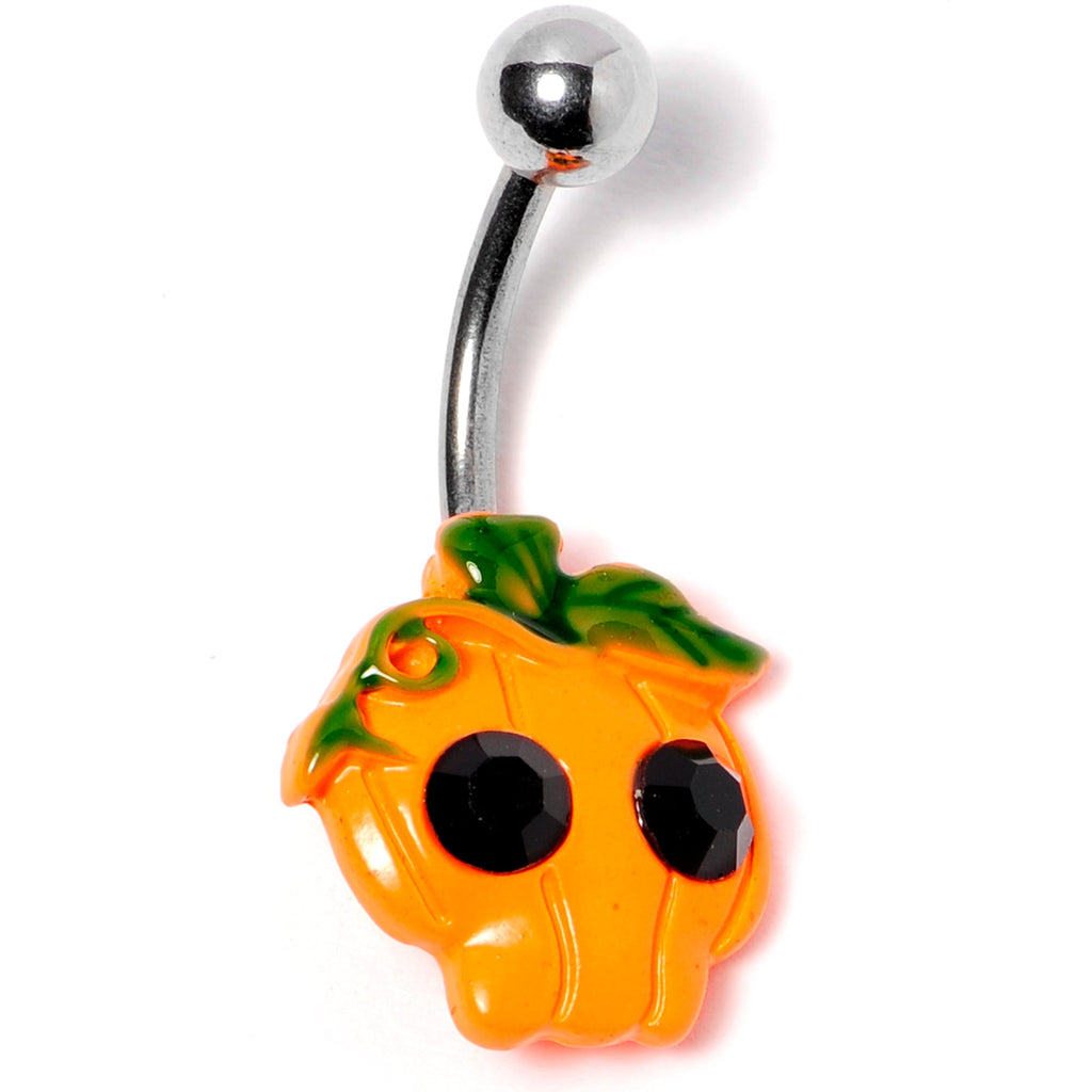 BodyCandy Black Gem Orange Pumpkin Jack O Lantern Halloween Belly Ring — side view