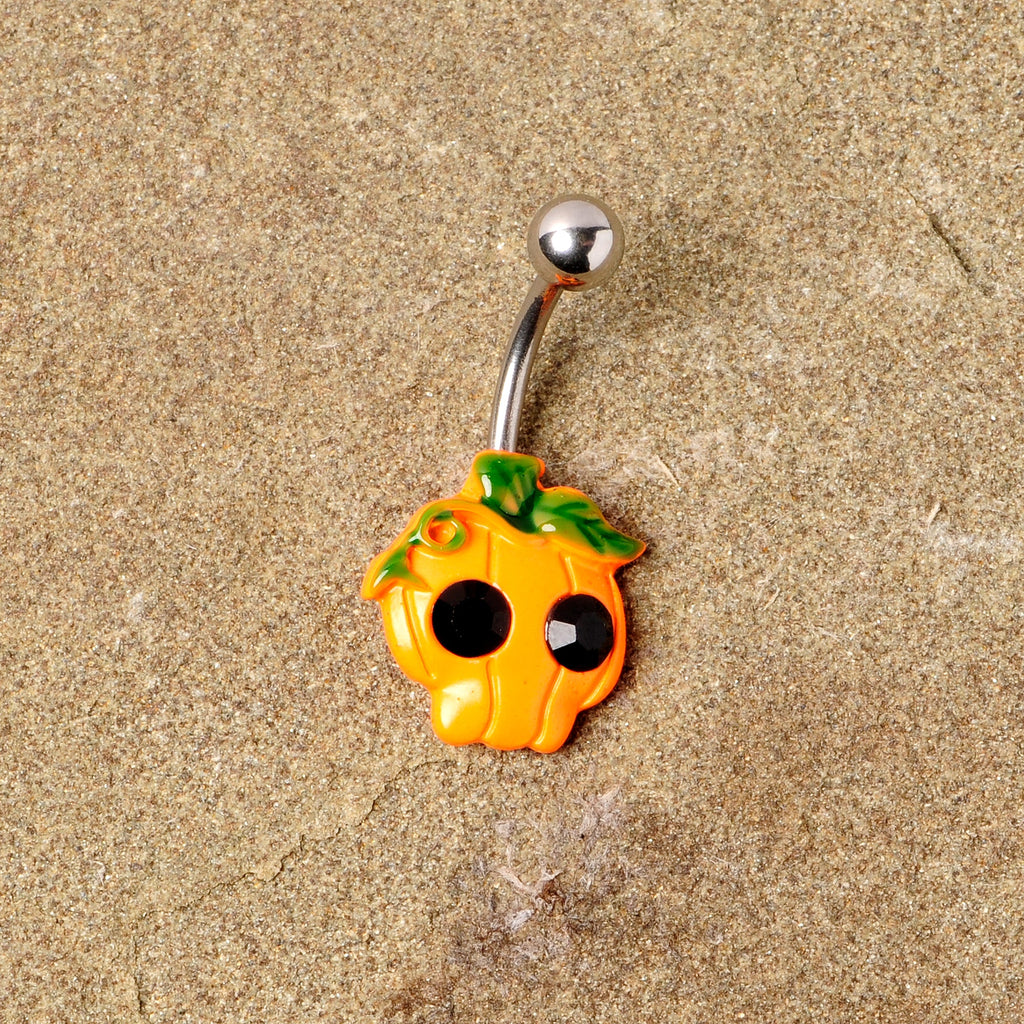 BodyCandy Black Gem Orange Pumpkin Jack O Lantern Halloween Belly Ring — in-use photo