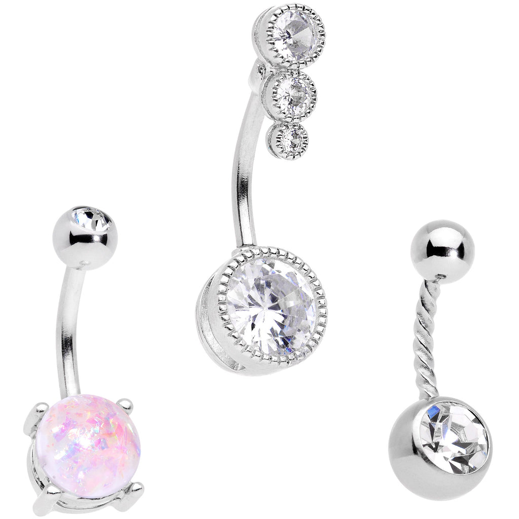 BodyCandy Clear Gem White Faux Opal Twisted Belly Ring Set of 3 — main product shot