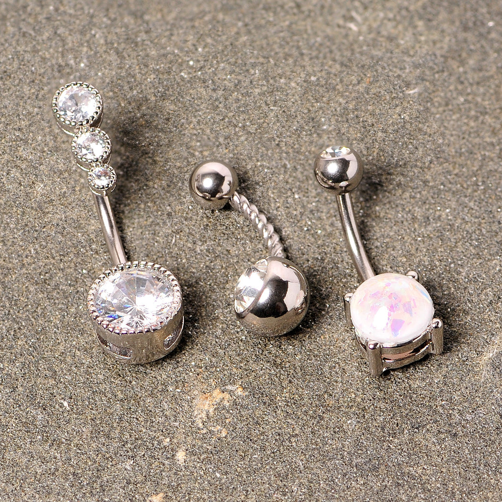 BodyCandy Clear Gem White Faux Opal Twisted Belly Ring Set of 3 — back view